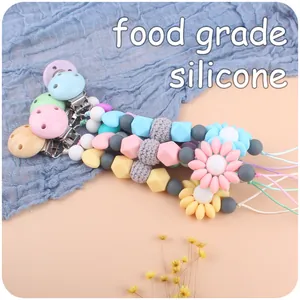 Silicone flower pacifier clips for babies with food grade beads and knitted charms
