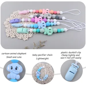 Close-up of silicone elephant beads and clip of the baby pacifier chain in five colors