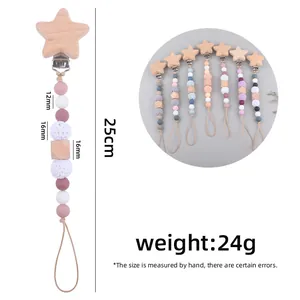 Star-shaped beech wood and silicone baby pacifier clip chain in macaron colors