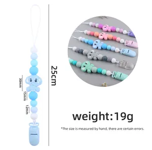 Detailed size chart for silicone baby pacifier clip with cartoon elephant and beads