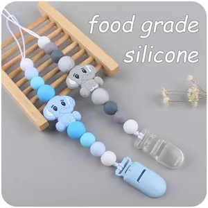 Blue and grey silicone baby pacifier clip with cartoon elephant and food grade beads