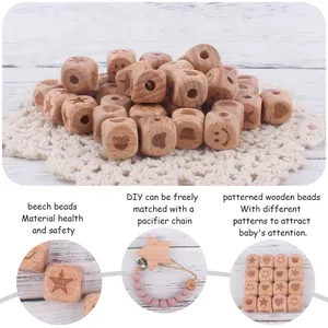 DIY 12mm beech wood square beads with laser engraved patterns for baby pacifier clips