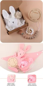 Detail of infant gift set with cotton bunny security blanket and silicone teether