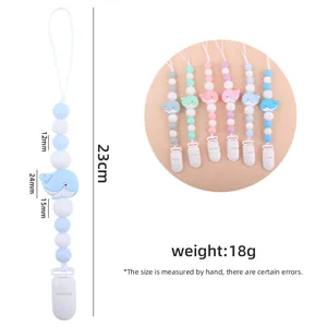 Silicone whale pacifier clip for babies featuring colorful beads and 23cm safety chain