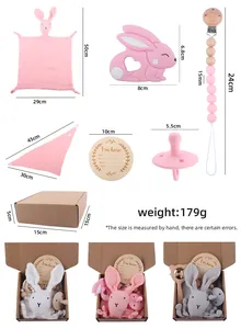 Pink rabbit comforter set with silicone teether and pacifier clip in a gift box