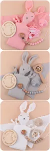 Detailed set of baby bunny comforter, silicone pacifier, and wooden teethers in three colors