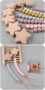 Detail of beech wood star clip and colorful silicone beads on baby pacifier chain