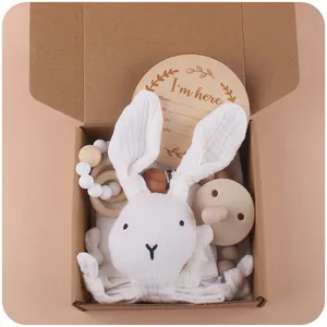 Newborn baby gift set with cotton rabbit comforter and silicone teething ring in kraft box