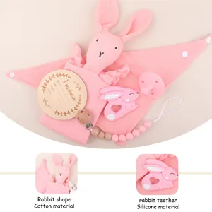 Pink rabbit baby gift set with cotton comforter, silicone teether and pacifier clip