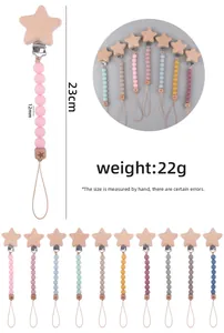 Detail of 23cm silicone bead pacifier clip with beech wood star and multi-color beads