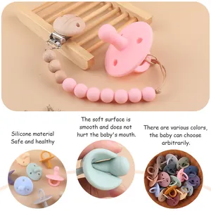 Zachte siliconen baby fopspeen met houten kralenclip in diverse pastelkleuren