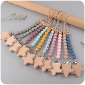 Silicone Beads Beech Wood Baby Pacifier Clip Star Shape Anti-Drop Chain For Infants Teething Relief Soothing Pacifier Holder