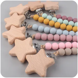 Silicone bead pacifier clips with beech wood star clips in various Morandi colors