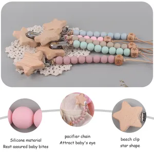 Silicone and beechwood pacifier clip chain with star clip for baby soothing