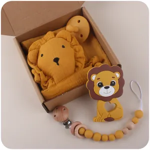 Cartoon Lion Baby Soothing Gift Set Including Cotton Security Blanket Silicone Teether Pacifier Clip For Newborn Birthday