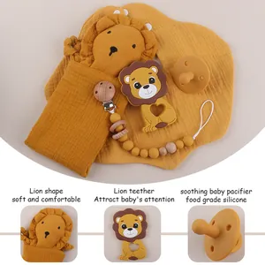 5-piece lion baby comfort set with cotton security blanket and silicone teething toys