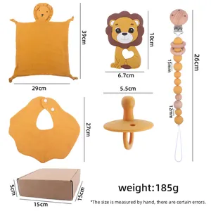 5-piece baby lion gift set with muslin comforter, pacifier clip, teether, and bib