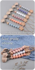 Detail of food-grade silicone beads and wooden star clip in soft Morandi colors