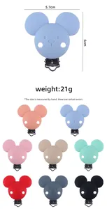 Cartoon mouse silicone pacifier clip details with 8 color variants and dimensions