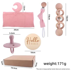 Set regalo neonato 5 pezzi con dudu luna rosa, catenella per ciuccio in silicone e sonaglio