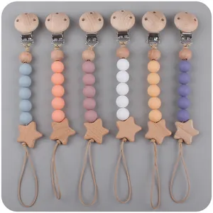 Beech Wood Star Baby Pacifier Clip With Food Grade Silicone Beads Soothing Soother Chain For Infants Newborns Accessory