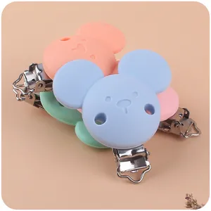 Silicone baby pacifier clips in pastel bear shapes with secure metal spring fasteners