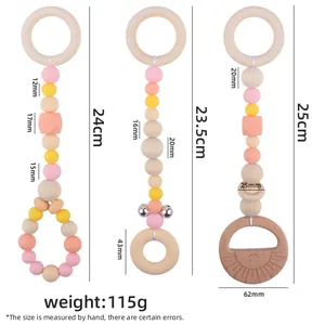 Three-piece animal beech wood teething toy set with colorful silicone beads and bells