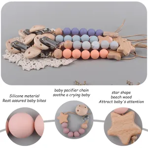 Baby beech wood and silicone pacifier clip with star beads and anti-drop chain