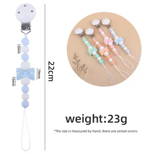 Silicone pacifier clip with cartoon bow beads and stainless steel safety clasp 22cm