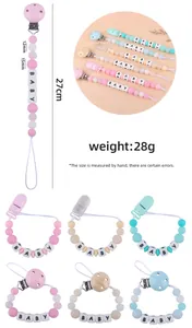 Detailed size specifications of silicone and wood baby pacifier clip with colorful beads