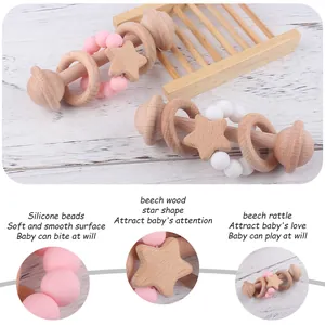 Beech wood and silicone bead baby rattle teether with star pendant and wooden rings