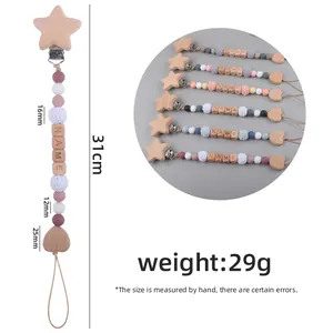 Schnullerkette aus Buchenholz mit Stern und Herz Silikonperlen und Namensplatzhalter