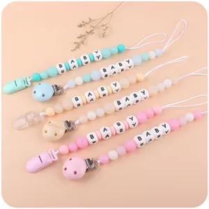 Baby Silicone Pacifier Clip Wood Beaded Chain With BABY Letter Beads For Newborn Soothing Teething Infant Pacifier Holder Nipple Strap