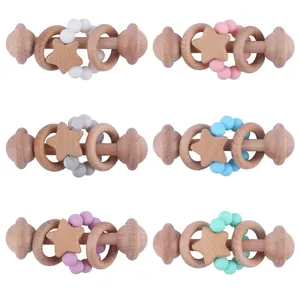 Beech wood and silicone baby rattle toys with colorful beads for grasping and teething