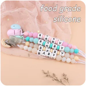 Silicone pacifier clip with BABY letter beads and wooden clip for infant soothing