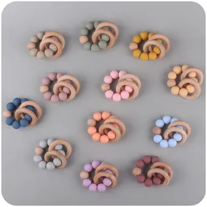 Baby Teether Bracelet Toy Food Grade Silicone Beads Natural Beech Wood Rings Teething Rattle For Infants 3 Months Plus BPA Free
