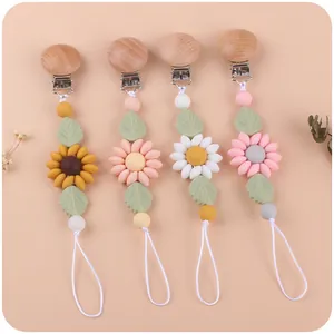Silikon Buchenholz Baby Schnullerkette Cartoon Gänseblümchen Sonnenblume Beruhigende Schnullerhalter Anti-Drop Kette Für Säuglinge