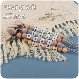 Silicone and beech wood baby pacifier clip with alphabet beads and colorful round pearls
