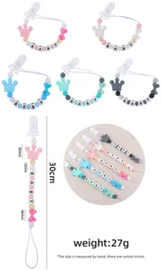 Detail of silicone baby pacifier clip showing the crown bead and 30cm length measurement