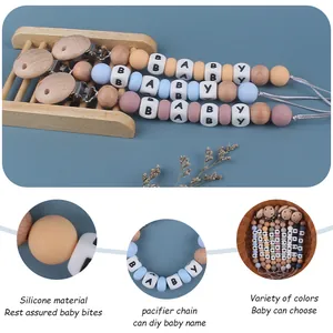 DIY silicone and beech wood baby pacifier clip chain with letter beads and metal clip