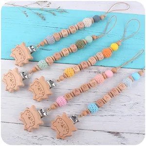 Attache-tétine Bébé en Bois de Hêtre Lion Ours Perles de Silicone Crochet Coton Bloc de Lettres Chaîne de Tétine Apaisante