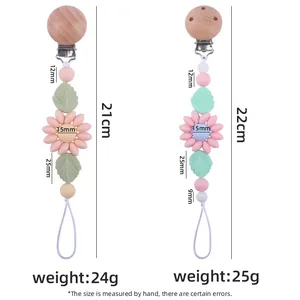 Silikon-Schnullerketten mit Blumen aus Buchenholz und bunten Perlen 21 cm Länge