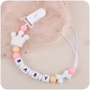 Silicone Pacifier Clip Chain With Crown Bow And BABY Letter Beads For Infants Teething Toy Anti-Drop Leash Holder For Babies