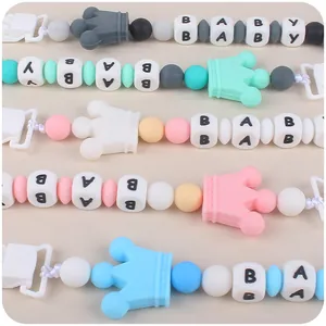 Silicone baby pacifier clips set with crown charms and alphabet beads in five colors