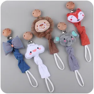 Cartoon Tier Baby Schnuller Clip Buchenholz Plüsch Löwe Fuchs Elefant Baumwolle Leinen Beruhigende Schnullerkette Für Kleinkinder