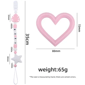 Silicone pacifier clip with baby beads and pink heart teething toy dimensions shown