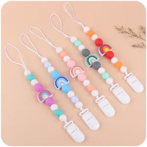 Silicone pacifier clip set with rainbow charms and pastel beads for infants