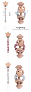 Dimensions détaillées du set attache-tétine en hêtre et hochet en silicone pour bébé avec étoile