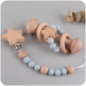 Jouet de Dentition en Bois de Hêtre et Silicone Attache Tétine Étoile Et Hochet Pour Nouveau-Né Apaisant Style Nordique