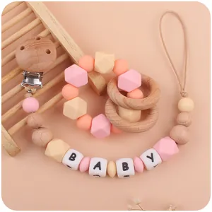 Baby Pacifier Clip and Silicone Teether Bracelet DIY Beech Wood Beads Soothing Toy for Infants Toddlers